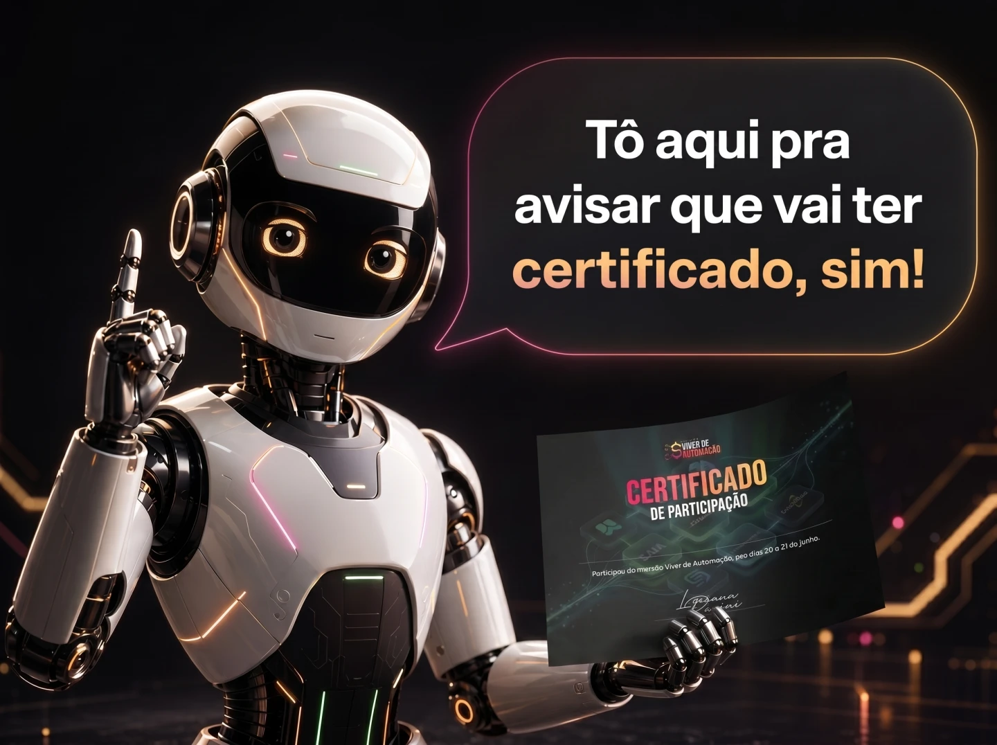 Robô segurando o certificado de participação da imersão